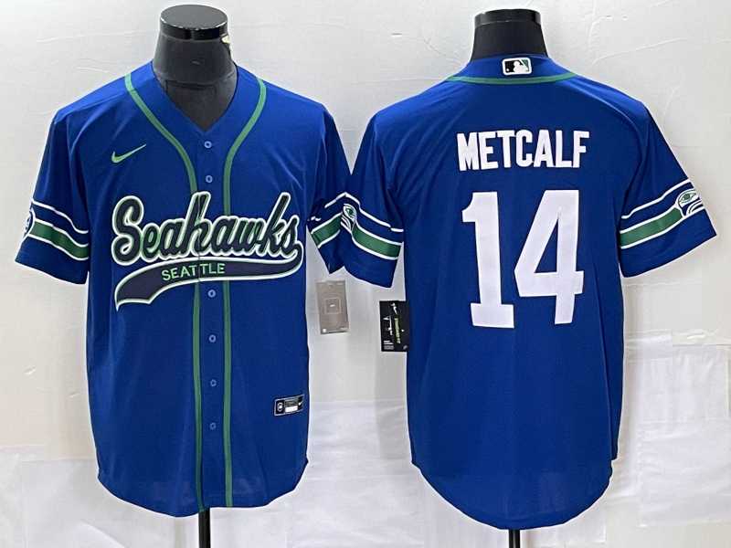 Mens Seattle Seahawks #14 DK Metcalf Blue With Patch Cool Base Stitched Baseball Jersey